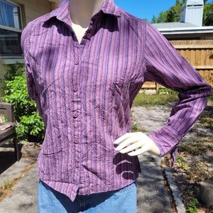 Columbia Purple Striped Button-Down Shirt w/ Floral Embroidery & Tie Sleeves Sm.